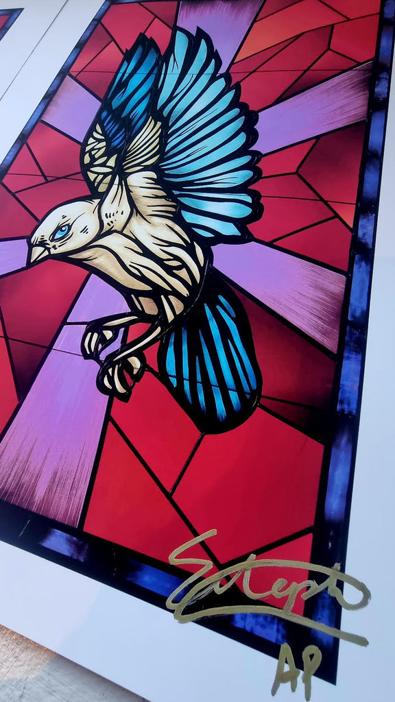 Stainglass Sparrow right , Open Ended A3 Print .