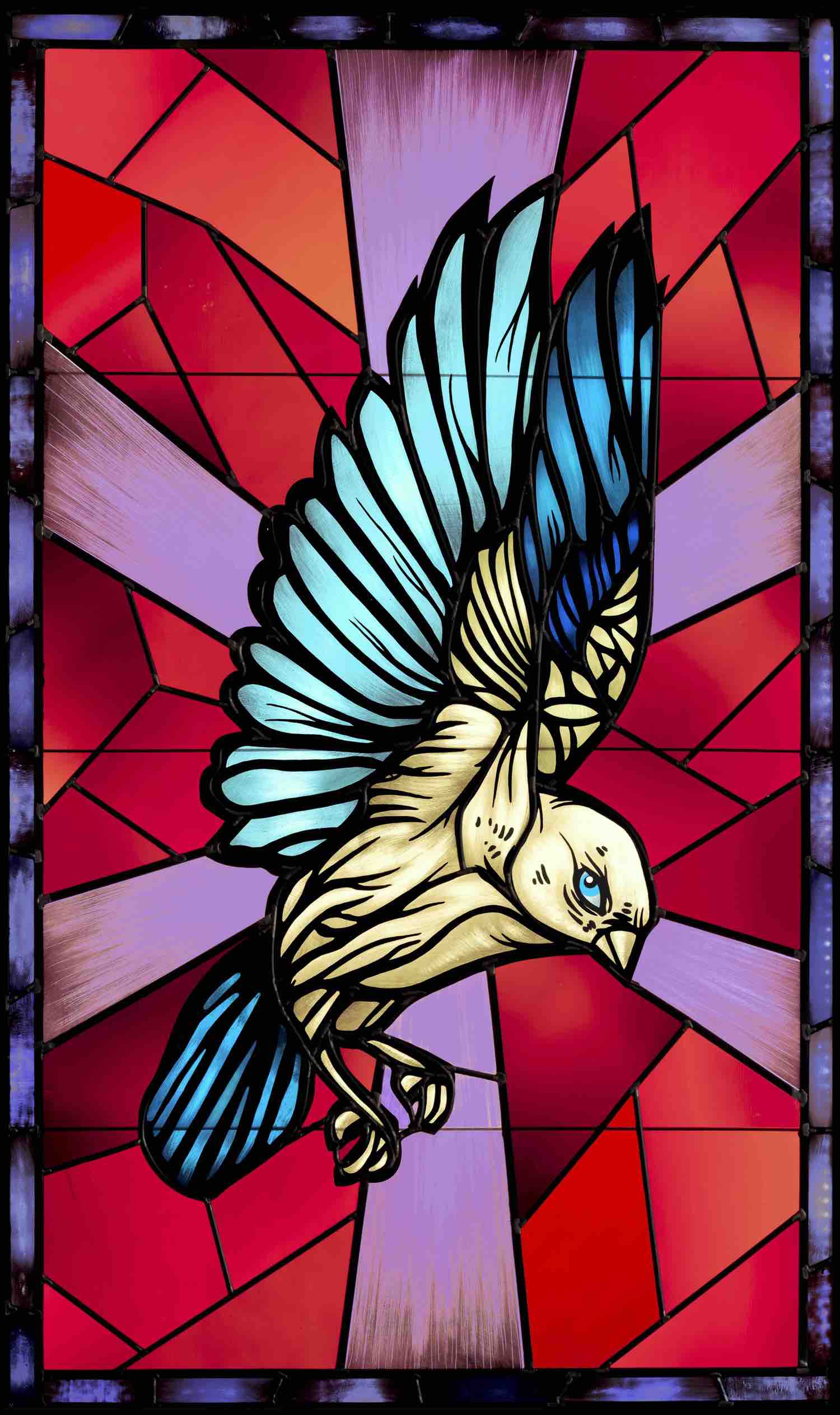 Stainglass Sparrow left , Open Ended A3 Print .