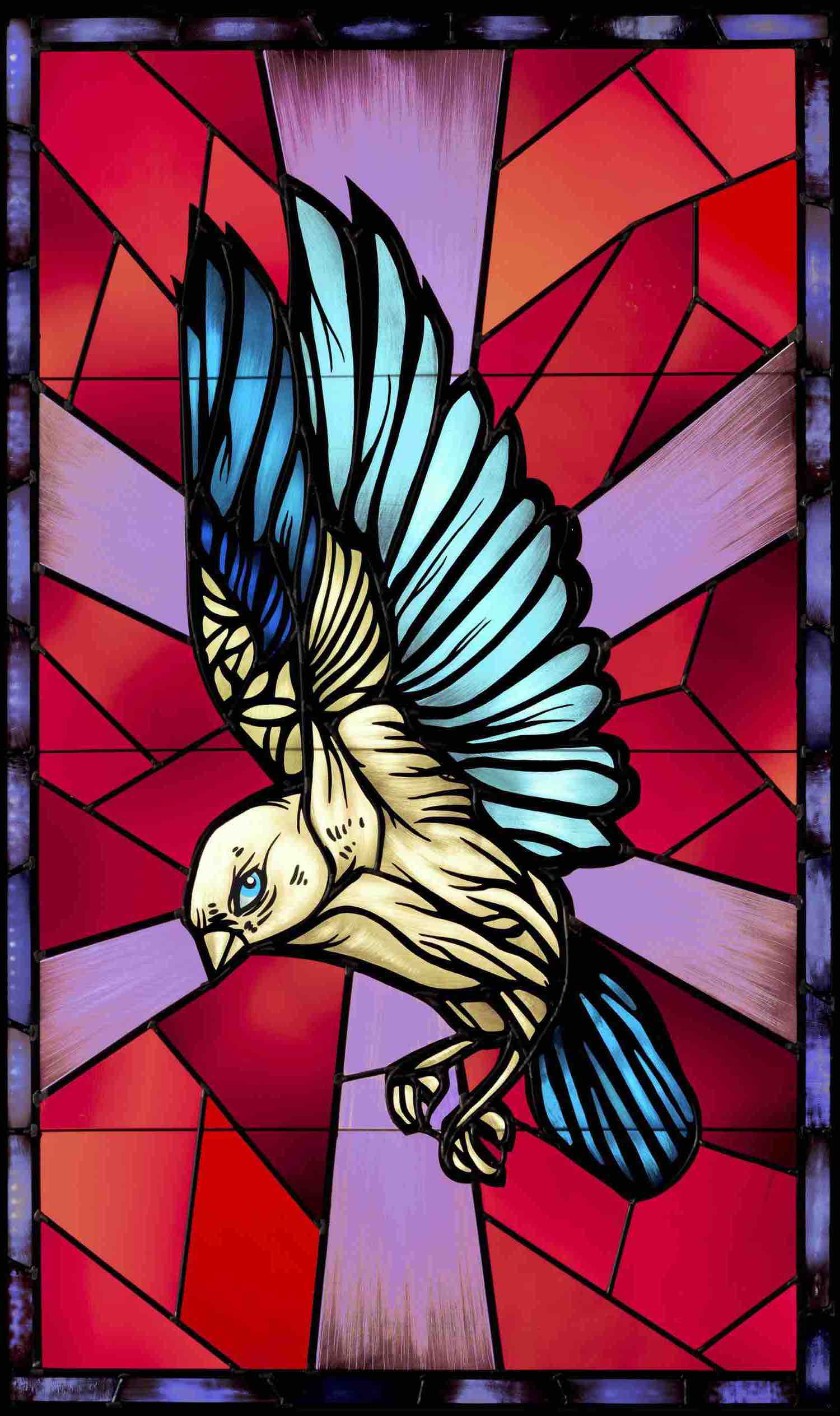 Stainglass Sparrow right , Open Ended A3 Print .